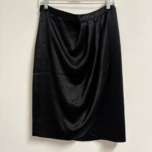 St John Satin Draped Black Midi Skirt Womens 8 Faux Wrap